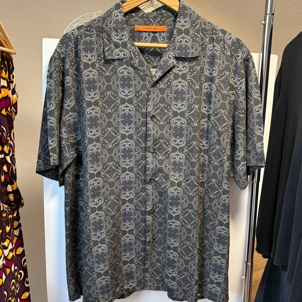 Axis silk y2k button down shirt with camp collar, size large